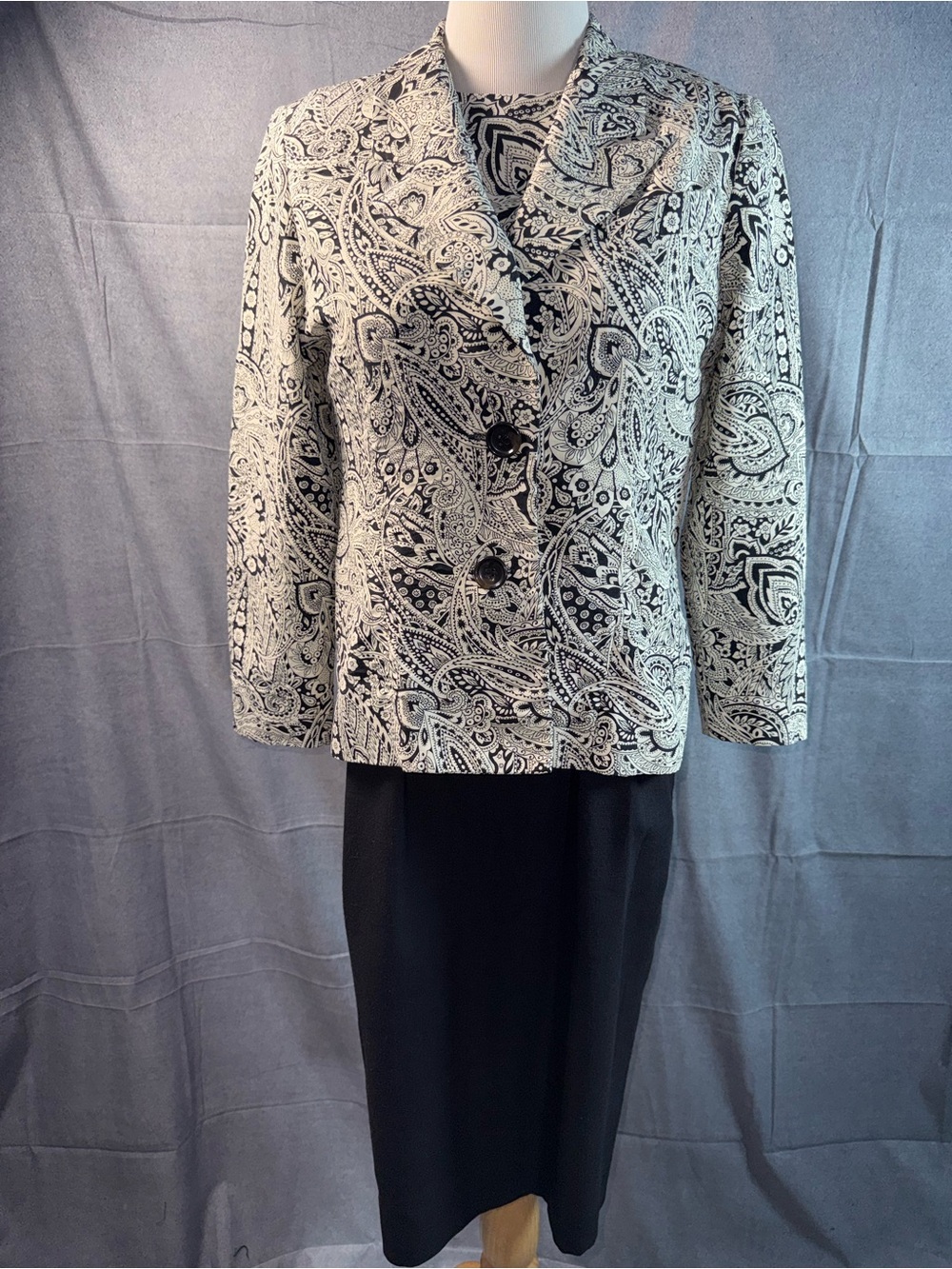 1995-Vintage Schrader Black & White Paisley Tailored Blazer Dress